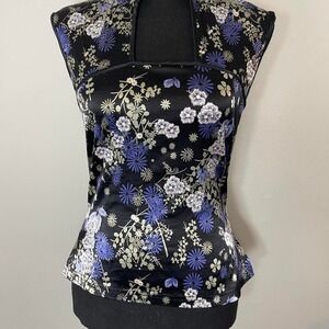 Angie black floral print japanese style blouse